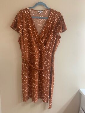 Nine West Rust Patterned Faux Wrap Midi Dress